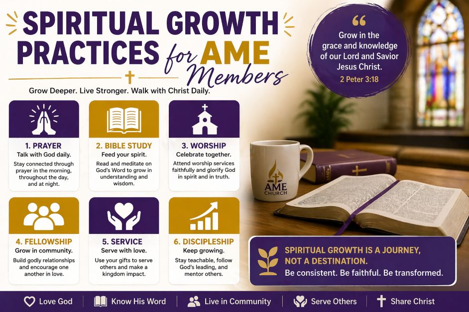 Spiritual Growth Practices for AME Members infographic showing prayer, Bible study, worship, fellowship, service, and discipleship for daily Christian growth