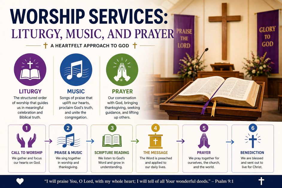 Worship Services Liturgy Music and Prayer diagram illustrating step-by-step church service structure with music, prayer, scripture, and sermon flow