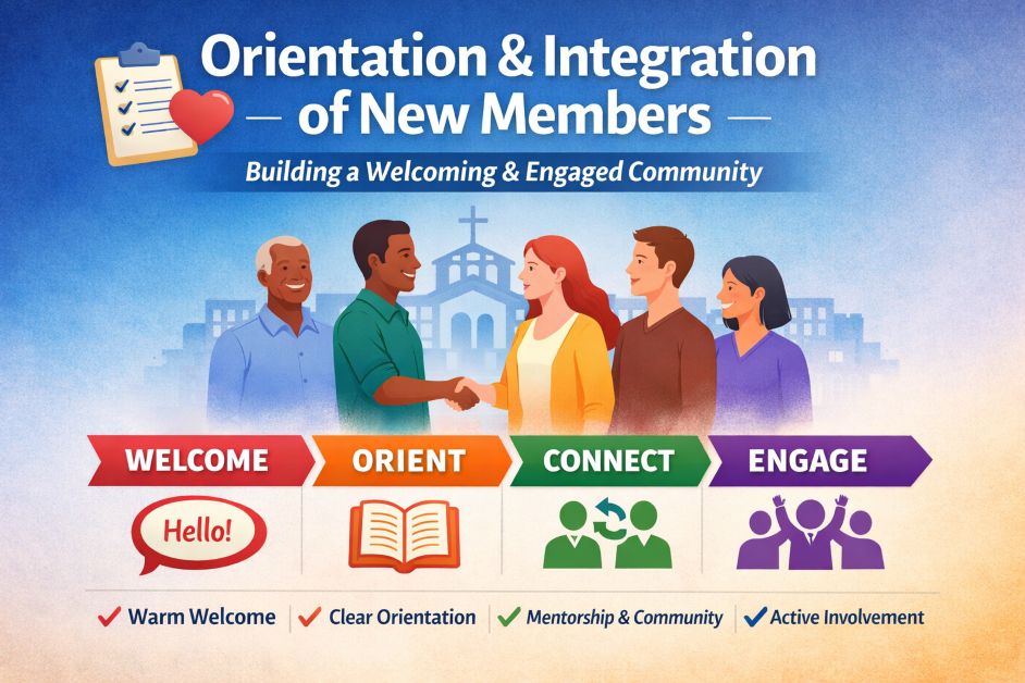 Orientation and Integration of New Members infographic showing steps: welcome, orientation, connection, and engagement for effective member onboarding and retention.