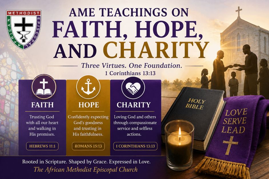 Infographic highlighting AME teachings on faith, hope, and charity through Scripture, doctrine, and Christian service.