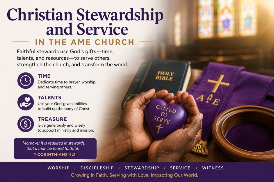 Christian stewardship and service in the AME Church with Bible, prayer, worship, and servant leadership illustration