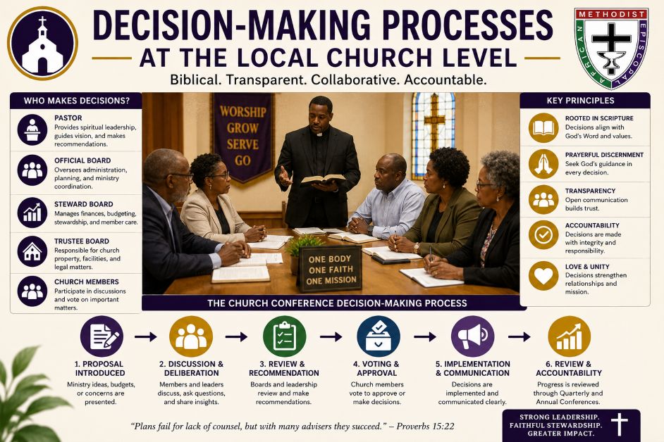 Infographic showing decision-making processes at the local church level, including leadership roles, voting, budgeting, and governance structure.