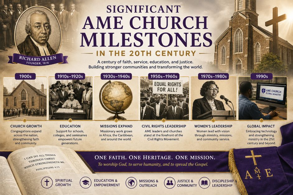 Significant AME Church milestones in the 20th century featuring Richard Allen, civil rights leadership, missions, education, and global church growth infographic