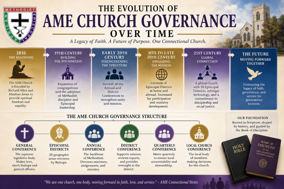 The Evolution of AME Church Governance Over Time AME governance infographic