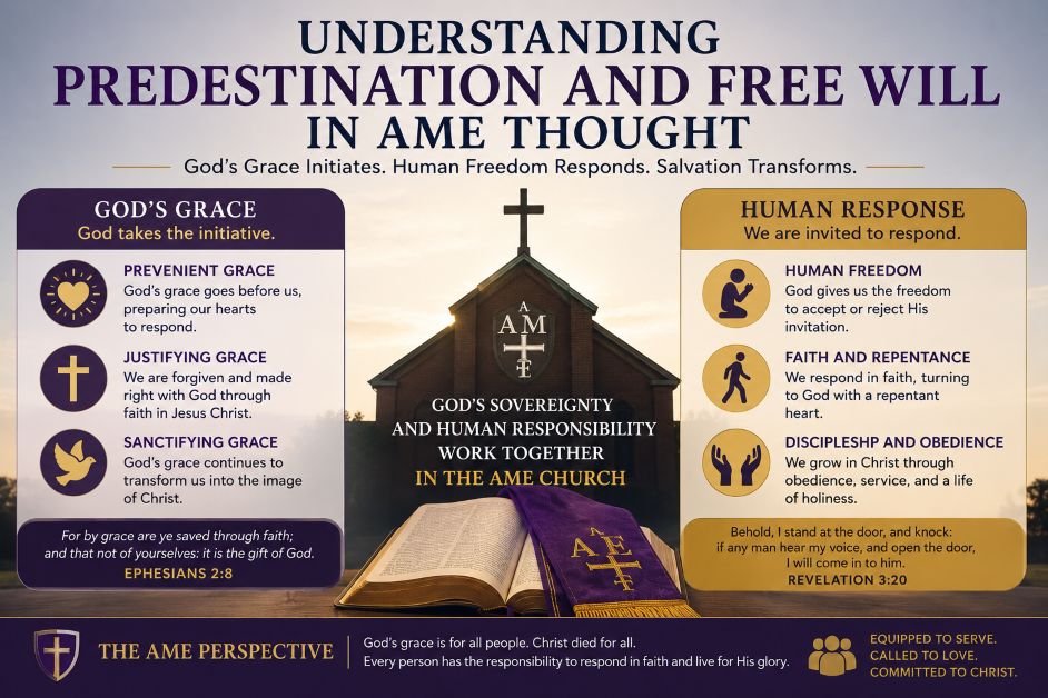 understanding-predestination-and-free-will-in-ame-thought Understanding predestination and free will in AME thought with Bible, cross, divine grace, human choice, and Wesleyan theology illustration